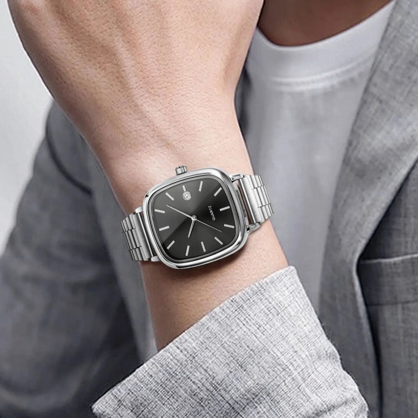 LUCKY FOX Modern minimalist square watch Business mens metal watch stainless steel chain multi-scene commuter watch