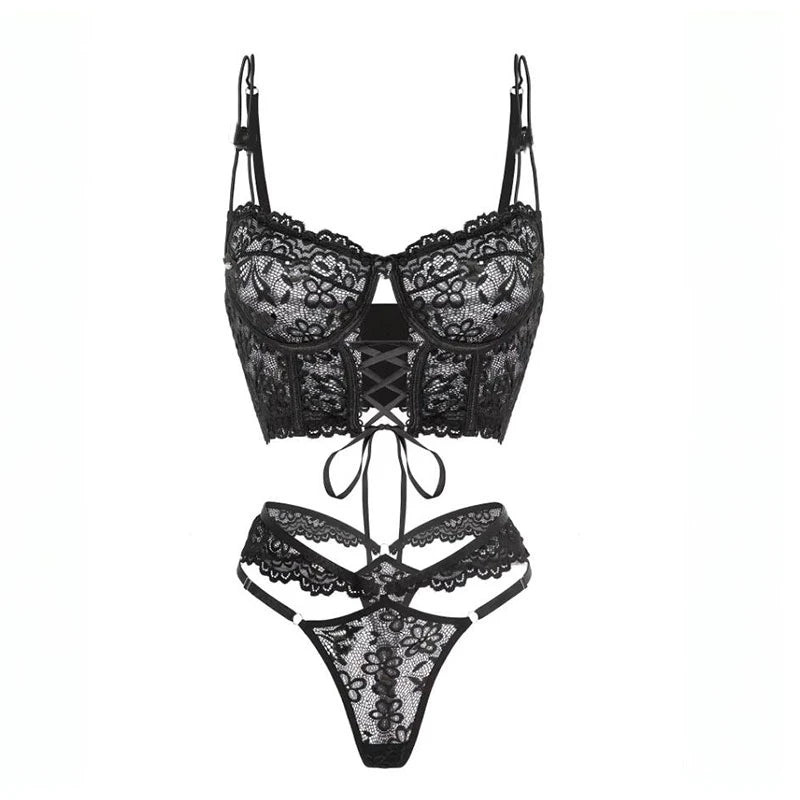Bra Brief Sets Female Transparent Sexy Romantic Lingerie Black Lace Underwear Flowers Sensual See Through Erotic Sets