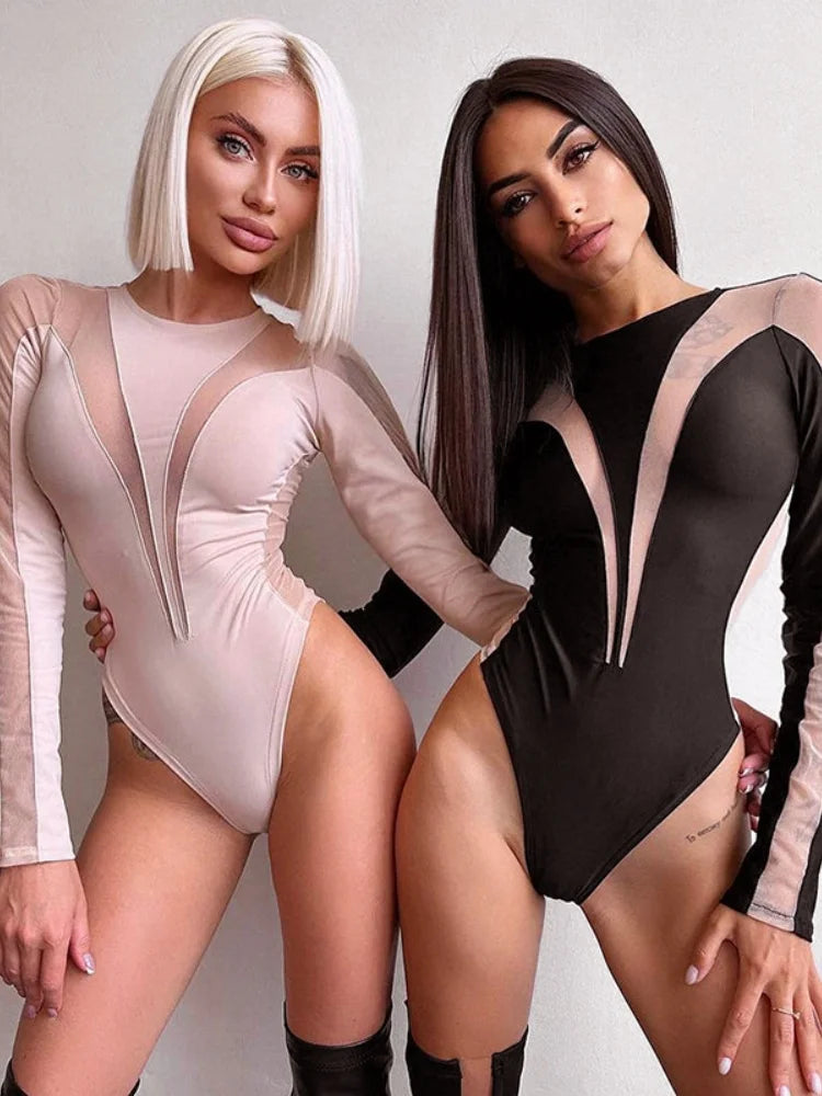 See Through Sexy Bodysuit Lingerie Long Sleeve Lenceria Tranparente One-Pieces Body Feminino Skinny Corset Top Women Rave Outfit