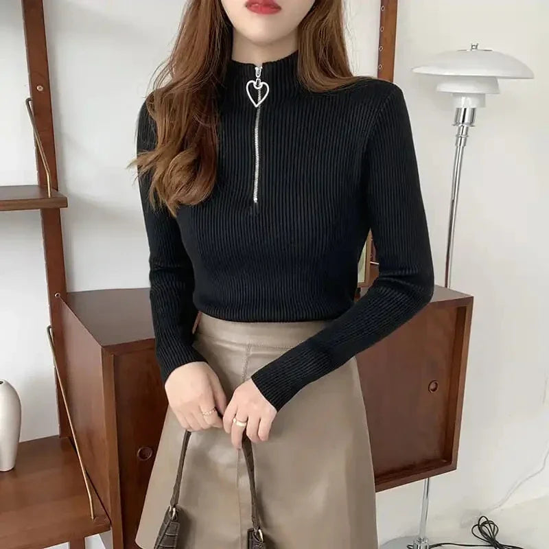 Sweater Women's Autumn and Winter New Semi-turtleneck Love Zipper Core-spun Yarn Bottomed Knitted Sweater Thermal Top
