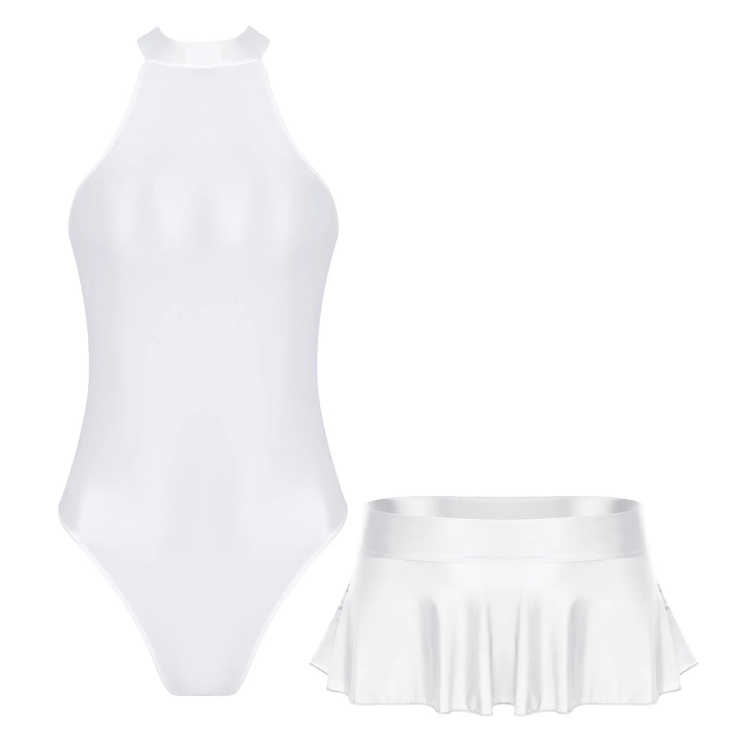 Women Glossy Bodysuit Swimsuit Set Elastic Sleeveless High Cut Leotard with Ruffled Mini Skirt Swimming Bathing Suit Swimwe﻿ar