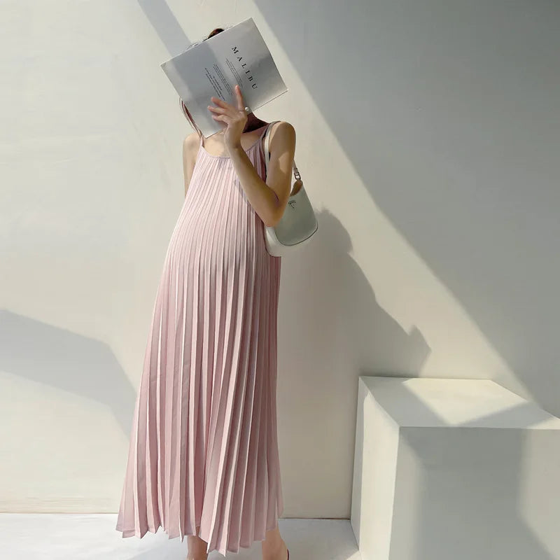 Maternity Dresses Chiffon Pleated Long Pregnancy Dress Casual Loose Maternity Clothes For Pregnant Women Fashion 2024 Plus Size