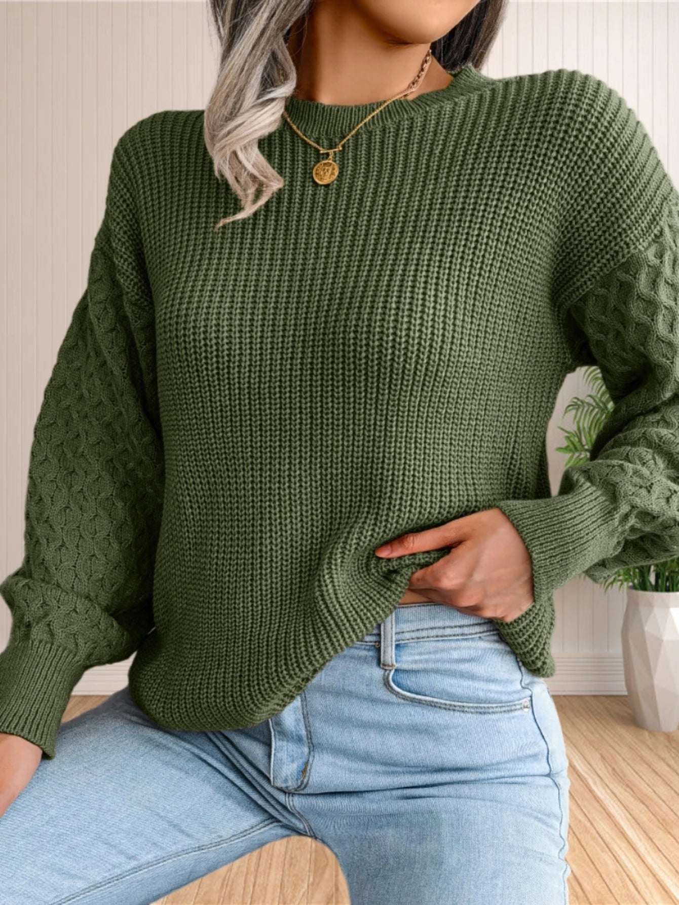 Sweater for Women Cable Knit Crew Neck Long Sleeves Fashion Casual Pullover Sweater Tops
