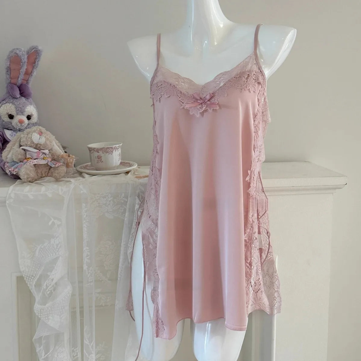 Satin Nightgown Lady Sexy Bowknot Lace Lingerie Spaghetti Strap Night Dress For Women Nighties Sleeveless Sleepwear Nightwear