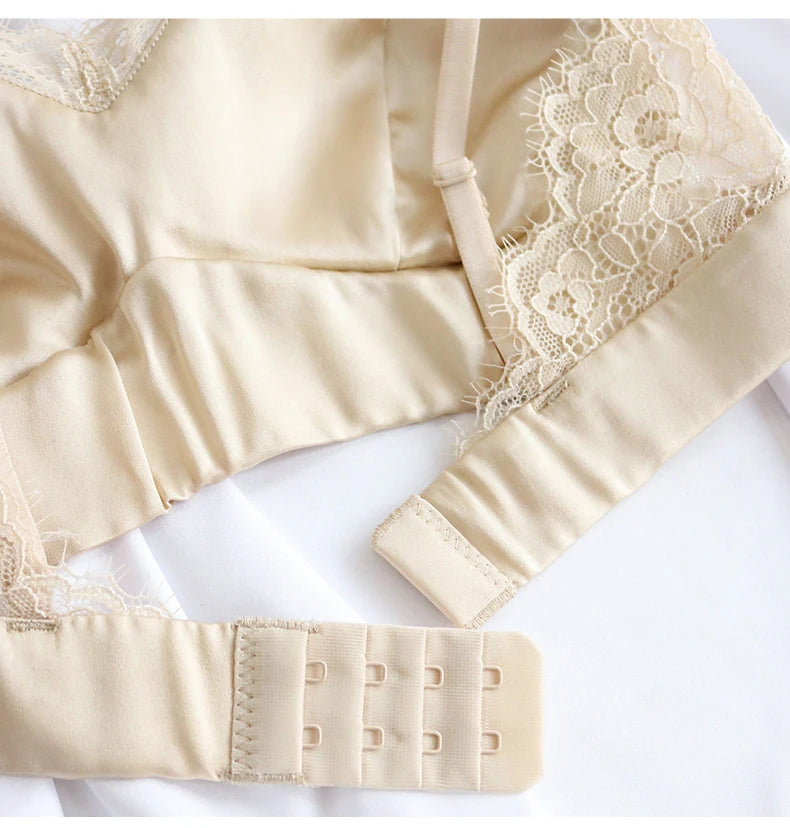 Women Silk Bras 93.8% Mulberry Silk 6.2 Spandex Lace Satin Surface Wire Free Wireless Bra Bralette Everyday Wear TA018