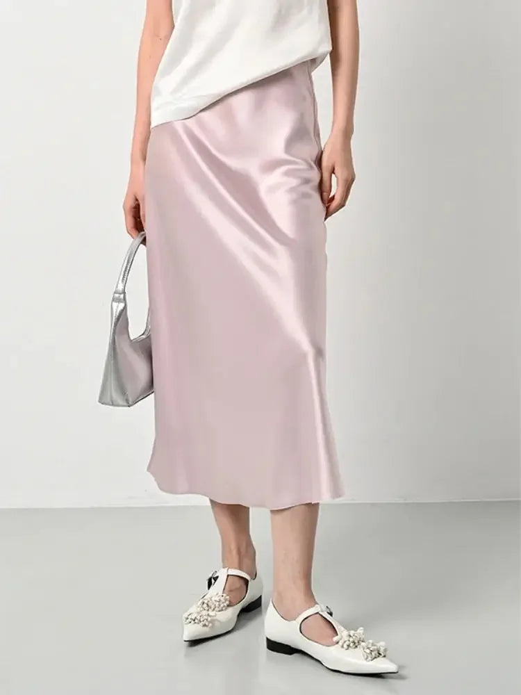 Elegant Skirts for Women Satin High Waisted 2025 New Slim Fit Long Skirt Fashion Temperament Simple Versatile Grey Black Skirts