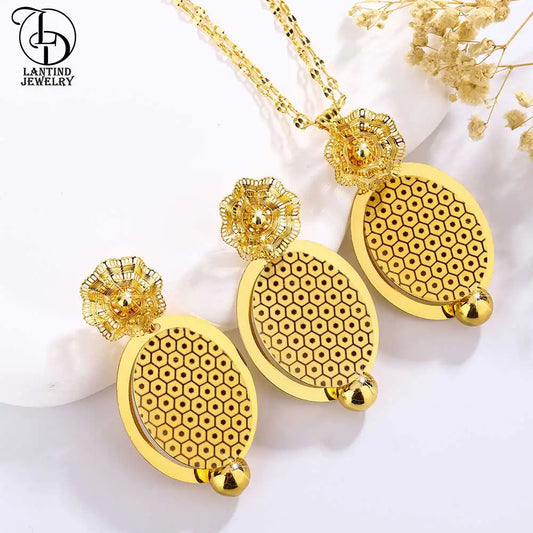 As00049 Dubai Jewelry 24K Gold-Plated Geometric Oval Mesh Pattern Necklace Round Ball Middle Eastern Elegant Ladies Flower Earrings Fashionable Two-Piece Wedding Set