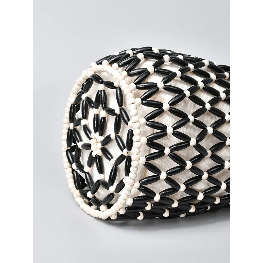 Women Woven Hand Bag Summer Design Hollow-out Wooden Bead Tote Bucket Shoulder Bag Female Reticulate Netted Canvas Beach Handbag