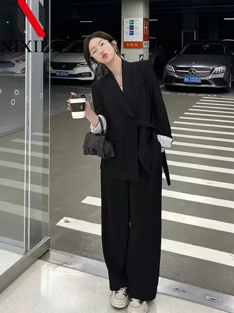 Women's Fashion Office Suit Set Casual Oversized Blazer And Wide Leg Pants Two-Piece Long Sleeve Top Bottoms Combo
