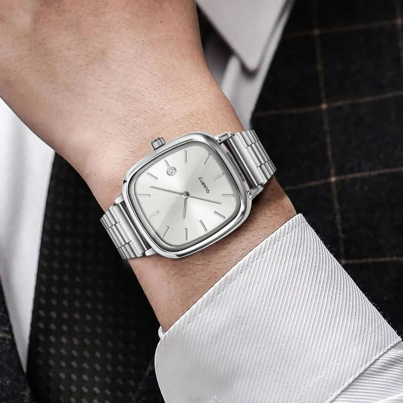 LUCKY FOX Modern minimalist square watch Business mens metal watch stainless steel chain multi-scene commuter watch
