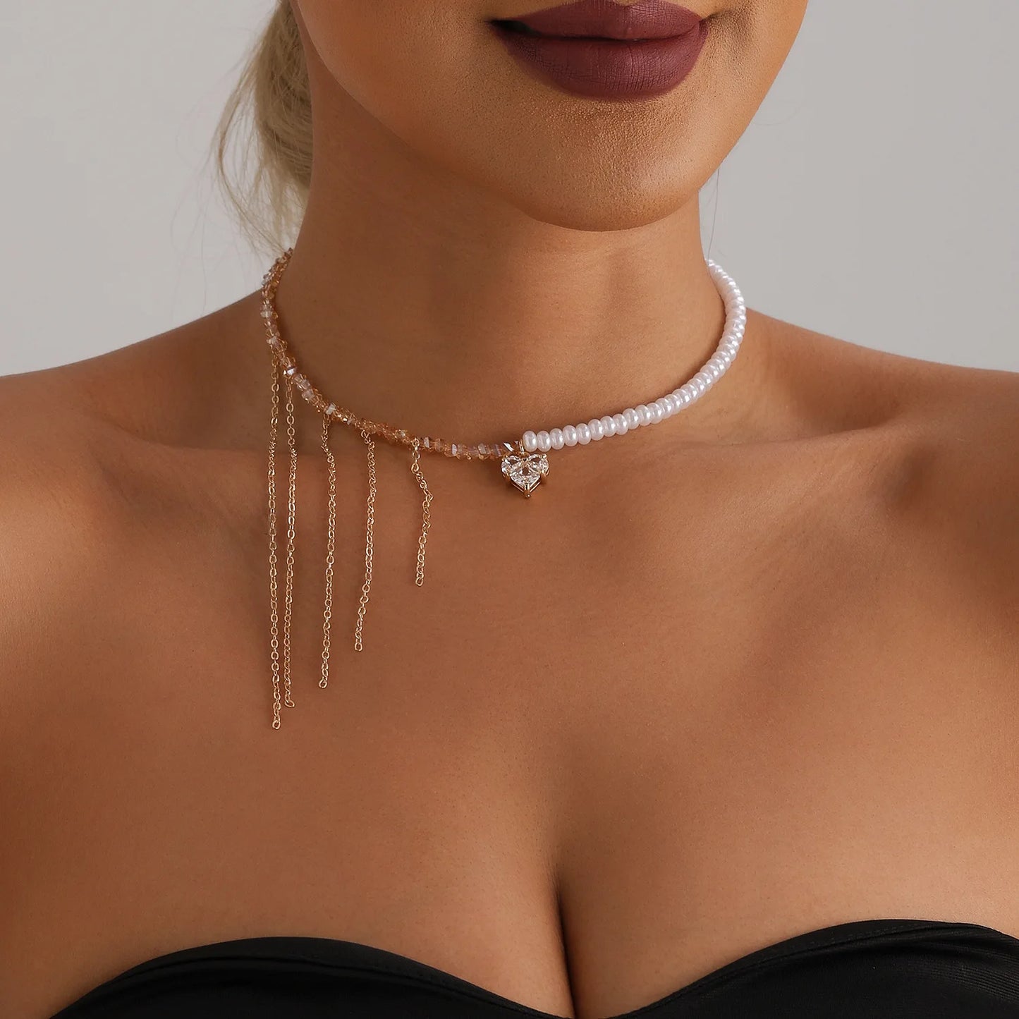 Y2K Heart Beaded Necklace Women Boho Irregular Crystal Class Gravel Clavicle Chain Cool Y2K Choker Exquisite Fashion Jewelry