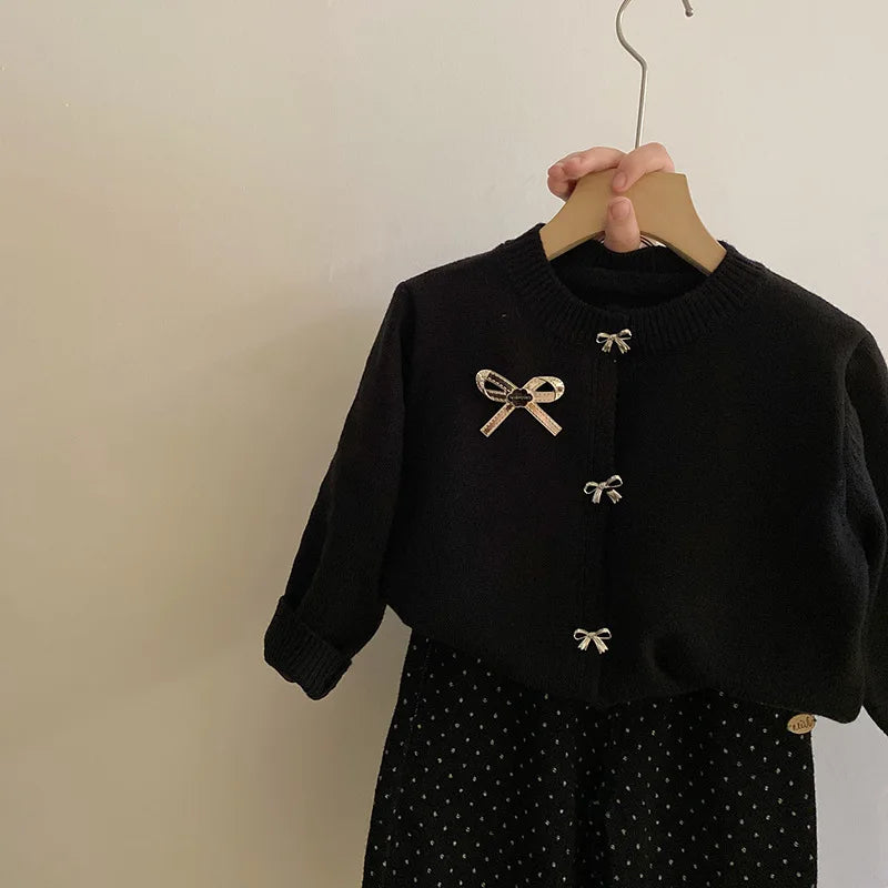 Sweaters Girl Academic Autumn Fashionable Bow Sweater Wave Point Trousers Girl Simple Loose Round Collar 2024 Striped