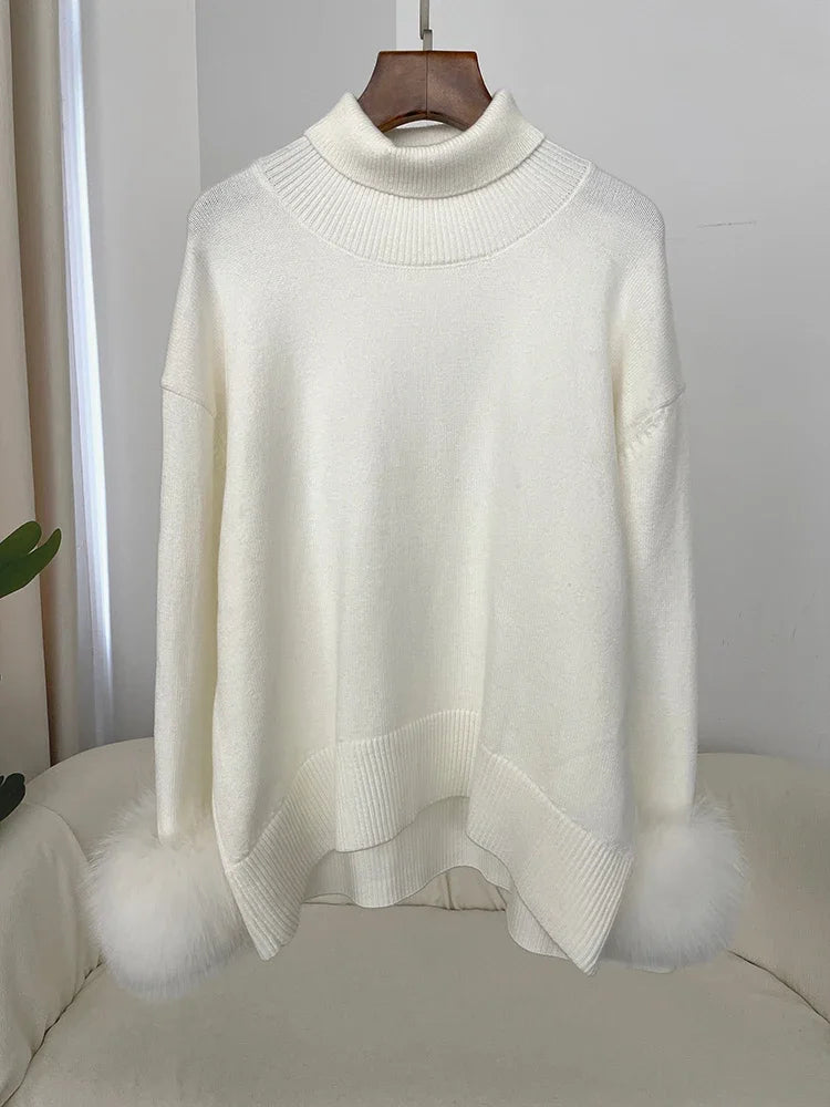 Sweater Women 2024 Autumn Winter Fashionable Sweaters with Real Fox Fur Sleeves Slim Fit Sweaters Fur Knitwear England Style