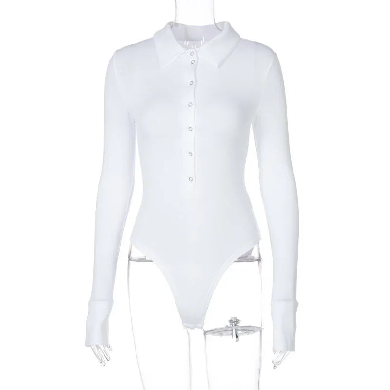 Long Sleeve Bodysuit Women Y2k Clothes Button Lapel Sexy Tops Autumn Winter Fashion Stretch Tight Elegant Body Suits Women 2024
