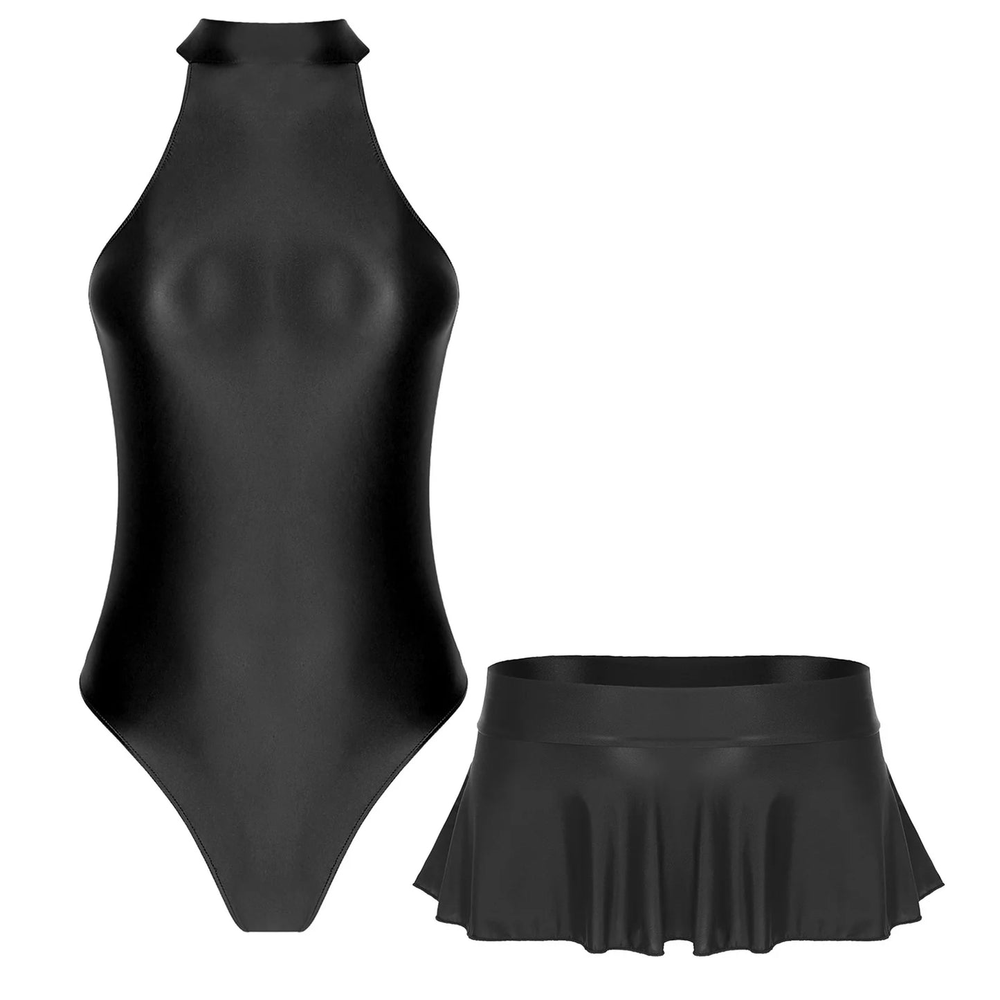 Women Glossy Bodysuit Swimsuit Set Elastic Sleeveless High Cut Leotard with Ruffled Mini Skirt Swimming Bathing Suit Swimwe﻿ar