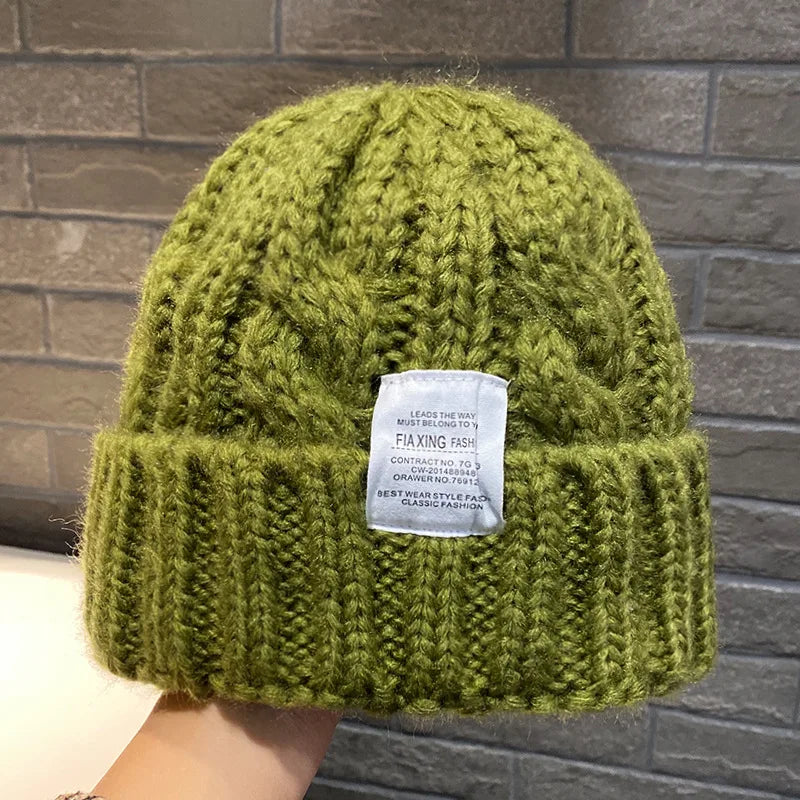 New Hat Women's Coarse Knitted Knitted Wool Hat Autumn and Winter Versatile Big Head Circumference Green Loose Ins Trendy F