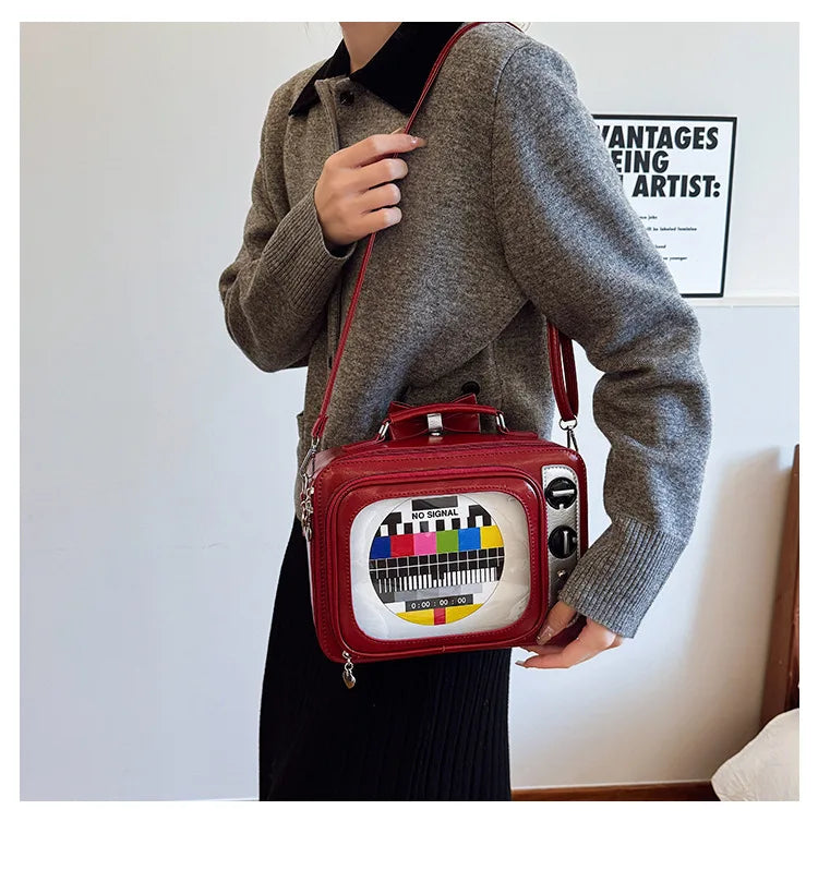 Cartoon Cute Handbags for Women Funny Retro TV Transparent Square Bag Fashion Leather Personalized Creative Shoulder Bag Woman