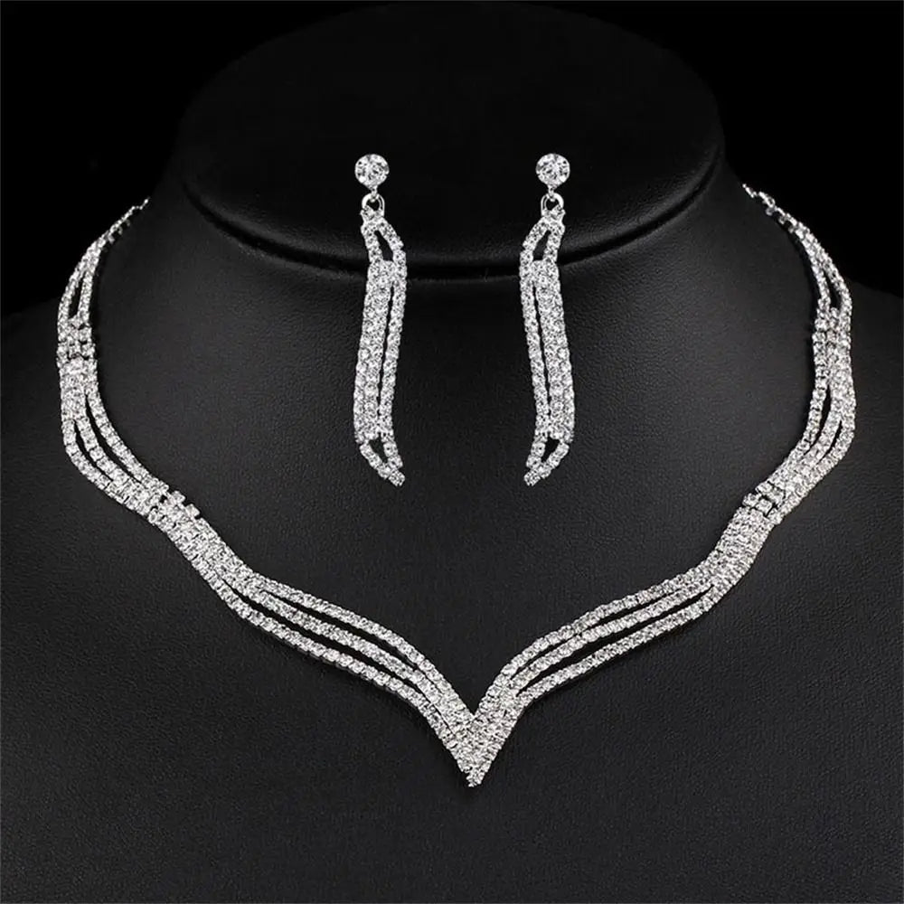 Wedding Dress Crystal Jewelry Set Shiny Banquet Ladies Rhinestone Necklace Earrings Bride Jewelry Gifts
