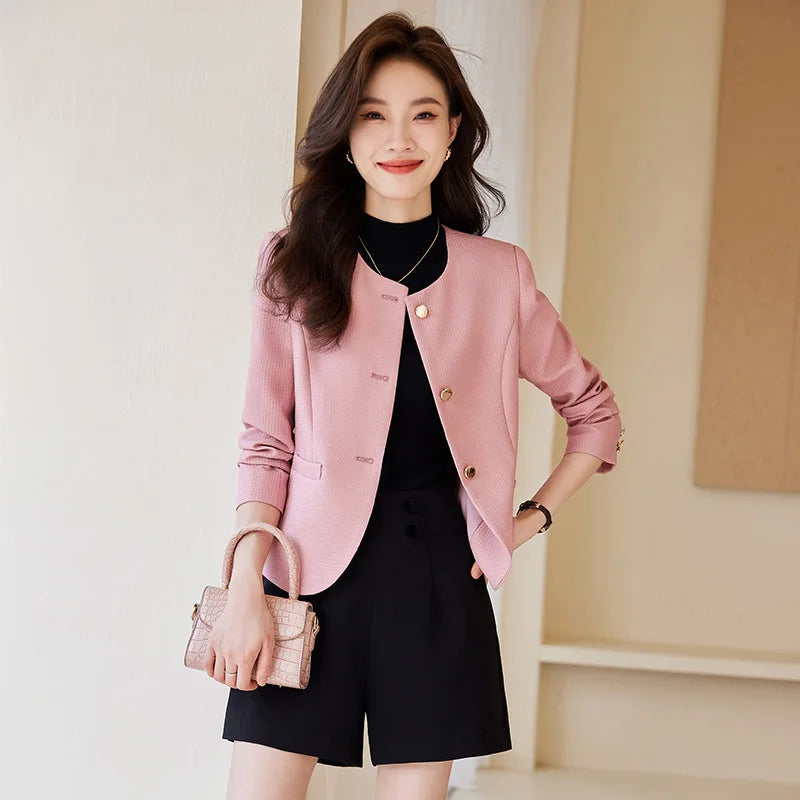 High quality blazer for women short jacket single breasted O neck spring autumn elegant office clothes pink yellow blue white