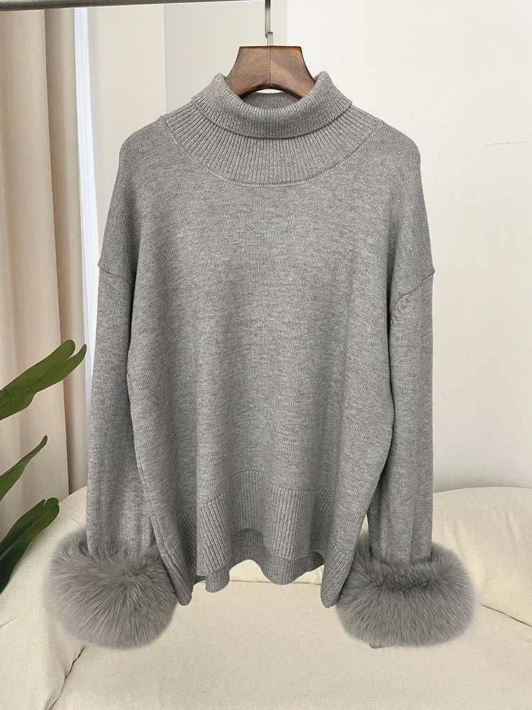 Sweater Women 2024 Autumn Winter Fashionable Sweaters with Real Fox Fur Sleeves Slim Fit Sweaters Fur Knitwear England Style