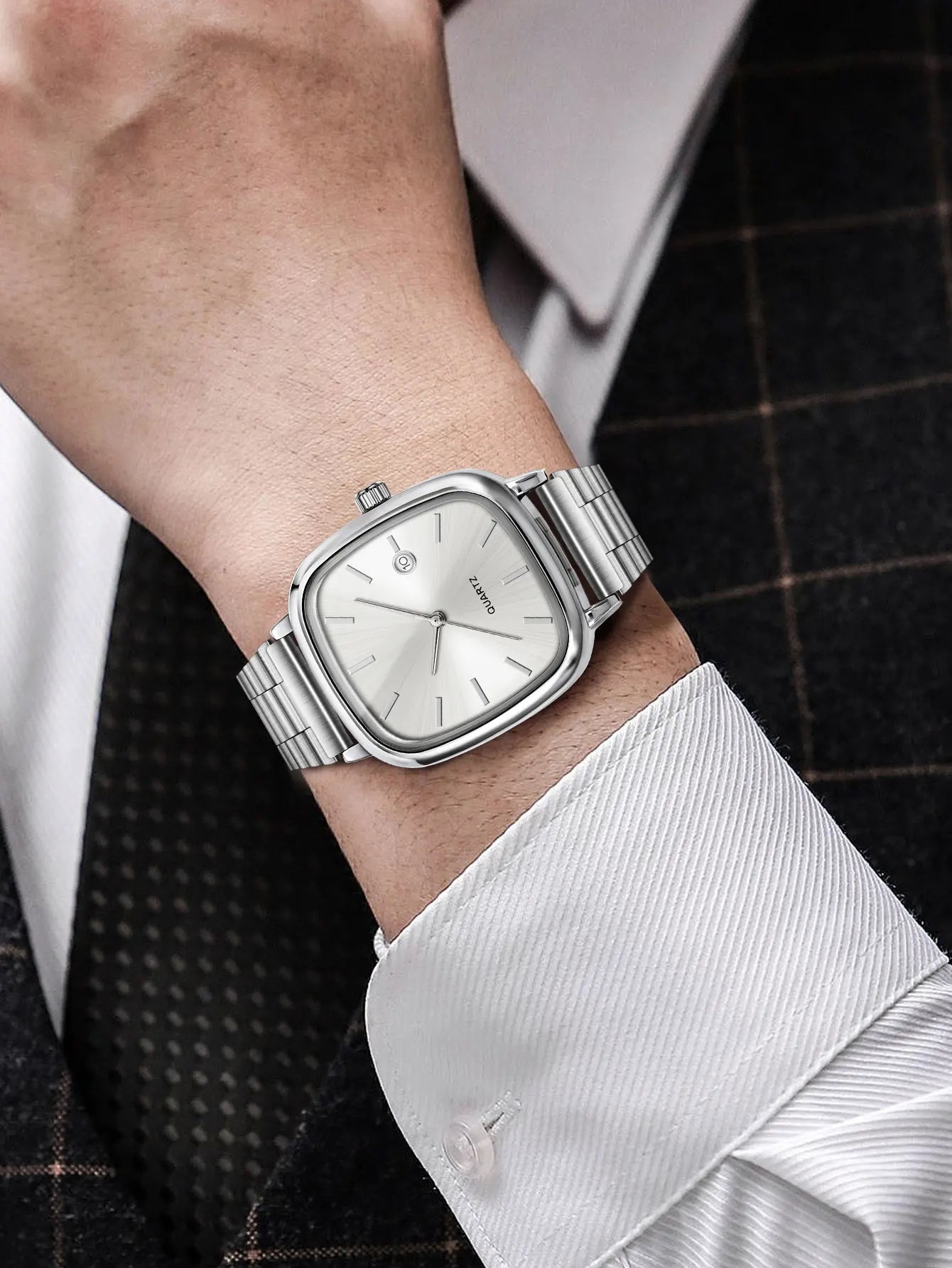 LUCKY FOX Modern minimalist square watch Business mens metal watch stainless steel chain multi-scene commuter watch