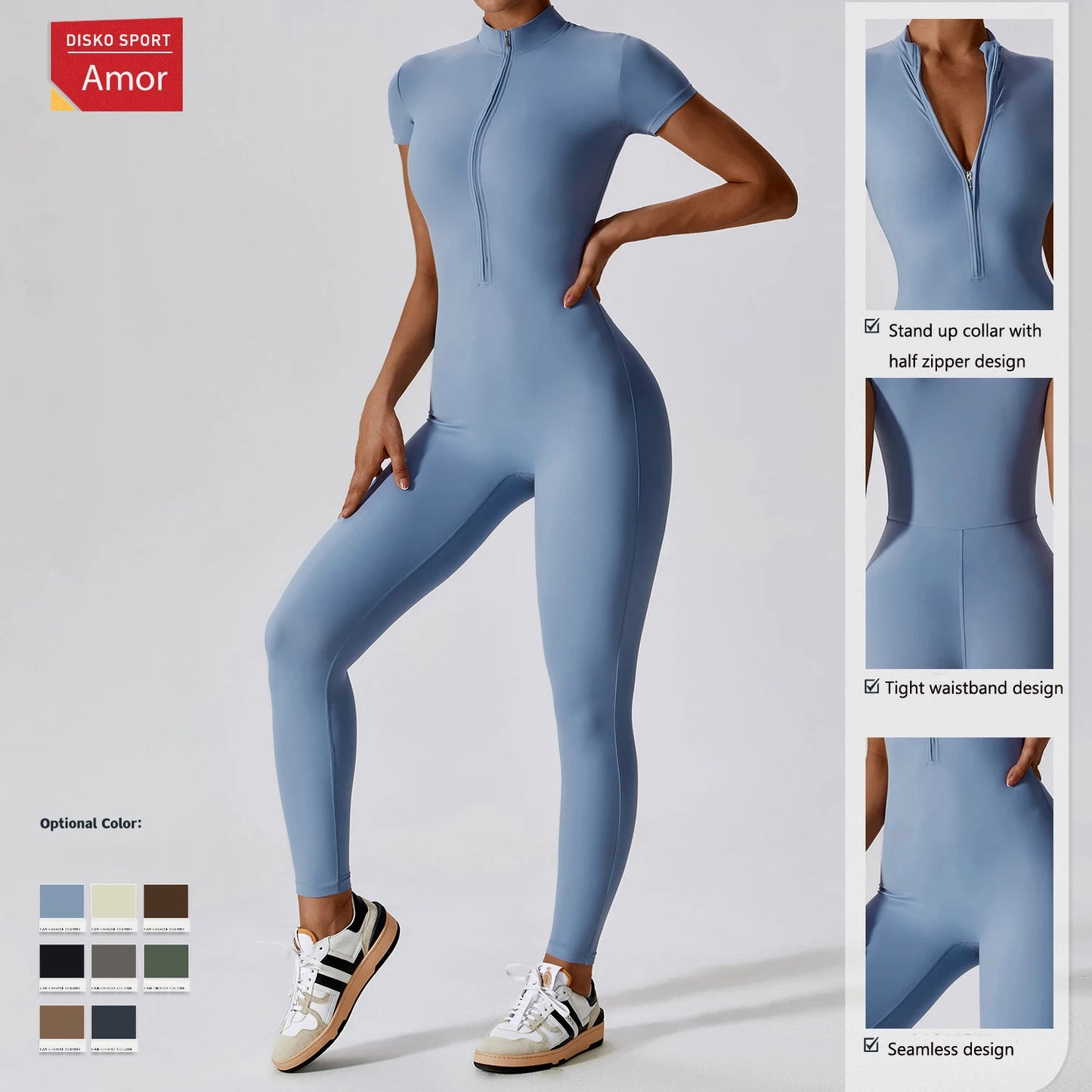 Women's High Elastic Yoga Bodysuit One-Piece Stand Collar Short Sleeve Gym Cycling Workout Sportswear