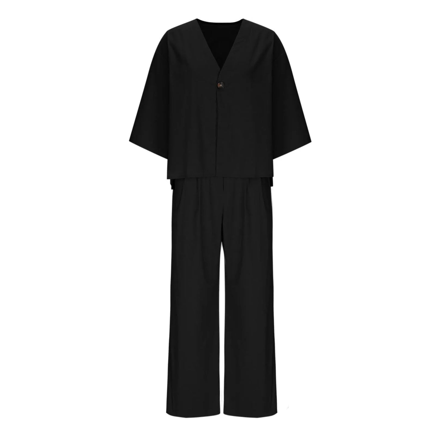 Two Piece Outfits For Women V Neck Button Down Shirt Top And Wide Leg Pants Set Loose Sweatsuits Conjunto Dos Piezas Mujer