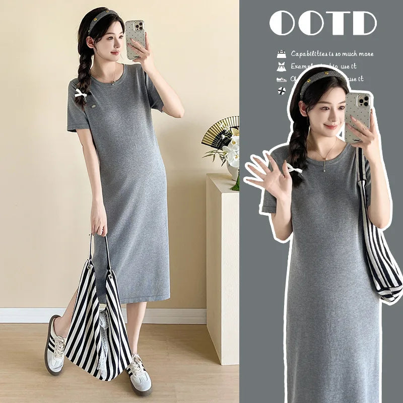 Maternity Dress: Back-Cutout Knit &Lace Maxi - Sophisticated Pregnancy Gown with Designer Details for Fashionable Expecting Moms