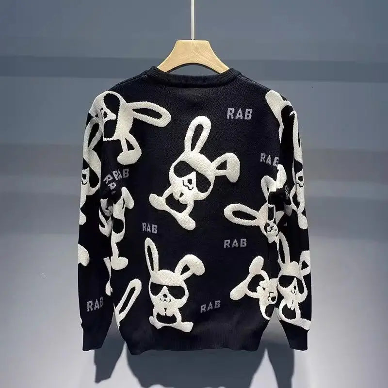Sweater Men's Autumn Winter New Personality Rabbit Round Neck Casual Knitted Sweaters Flocking Print Long Sleeves Slim Pullover