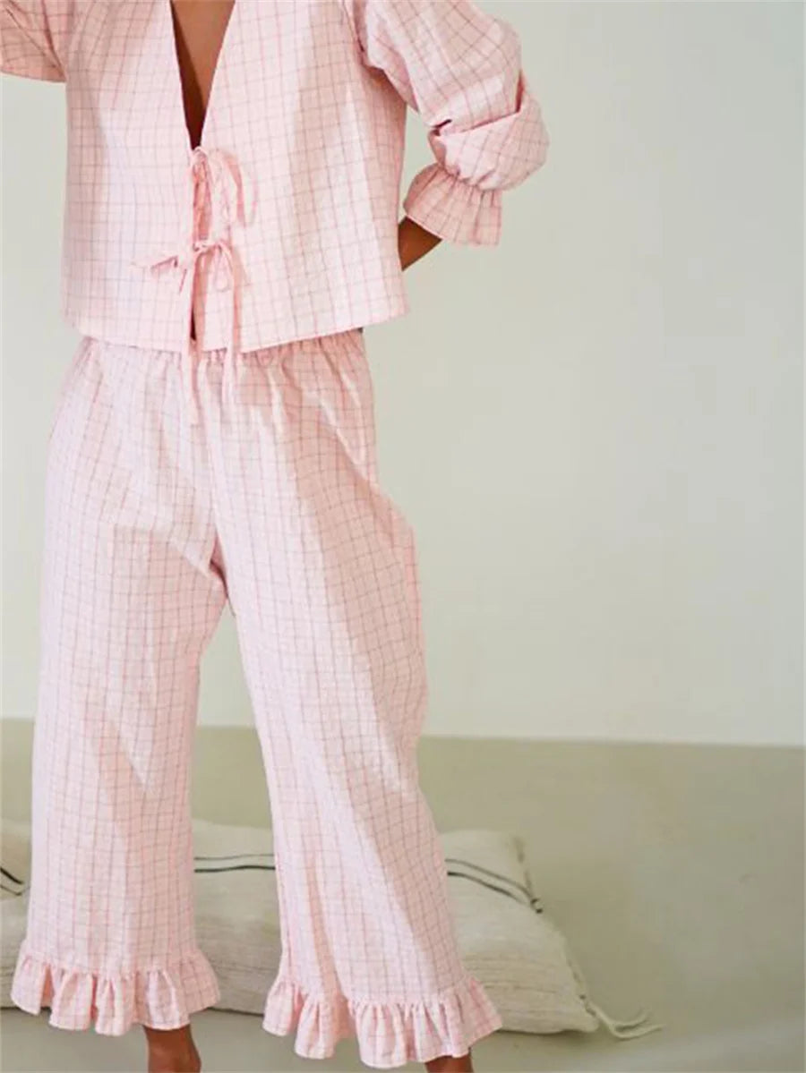 Women's Two Piece Outfits Set Long Sleeve Tie Front Top and Ruffled Wide Leg Pants Y2k Peplum Pajama Sets Homesuits