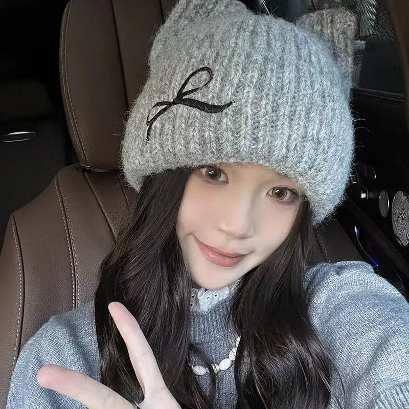 Hat for Women Cute Cat Ears Autumn Winter New Knitted Hat Winter Warm Embroidered Face Slimming Beanie Wool Hat