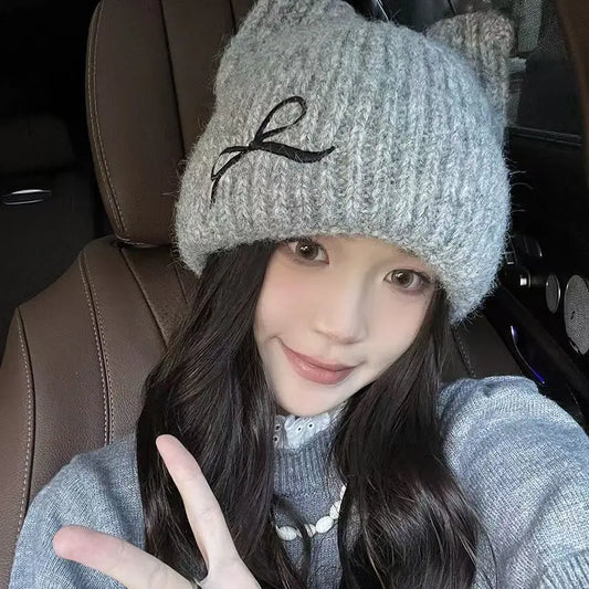 Hat for Women Cute Cat Ears Autumn Winter New Knitted Hat Winter Warm Embroidered Face Slimming Beanie Wool Hat