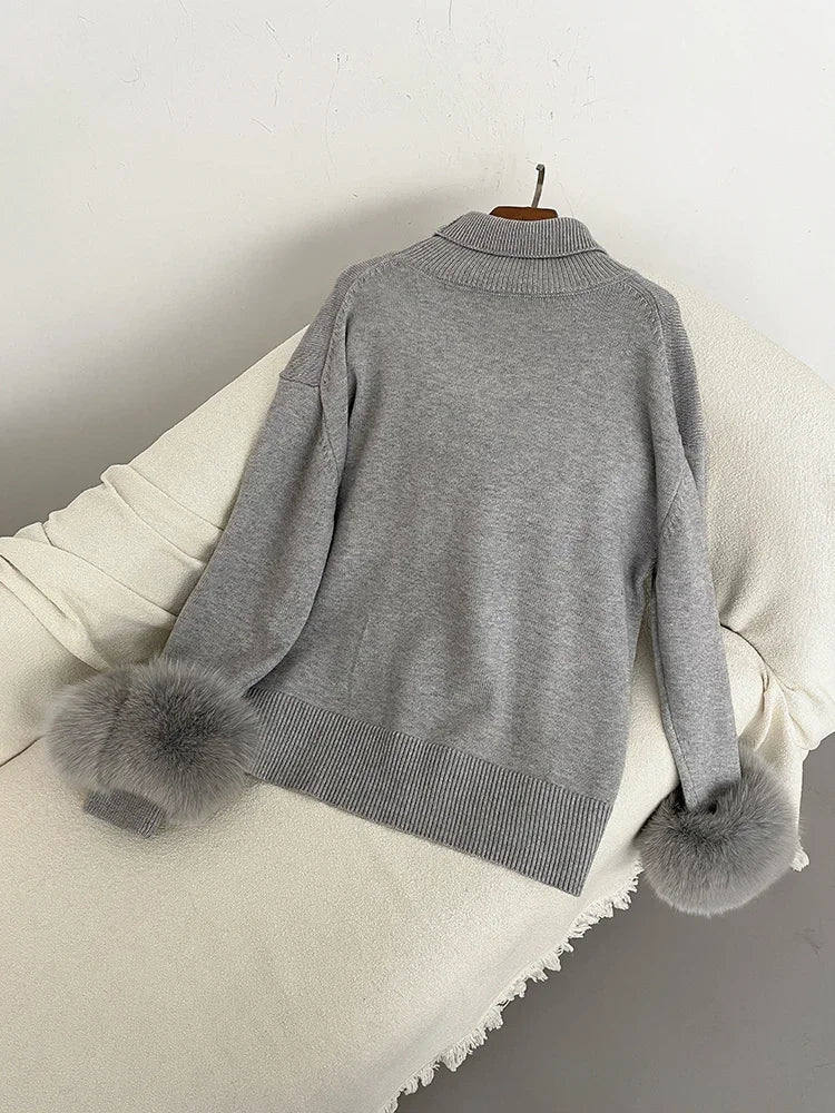 Sweater Women 2024 Autumn Winter Fashionable Sweaters with Real Fox Fur Sleeves Slim Fit Sweaters Fur Knitwear England Style