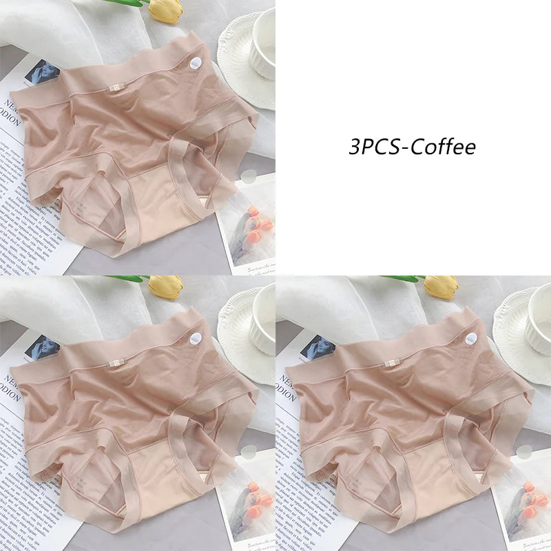 3PCS Women Seamless Panties Ice Silk Transparent Breathable Antibacterial Panty Mid-waist Briefs Cotton Underwear