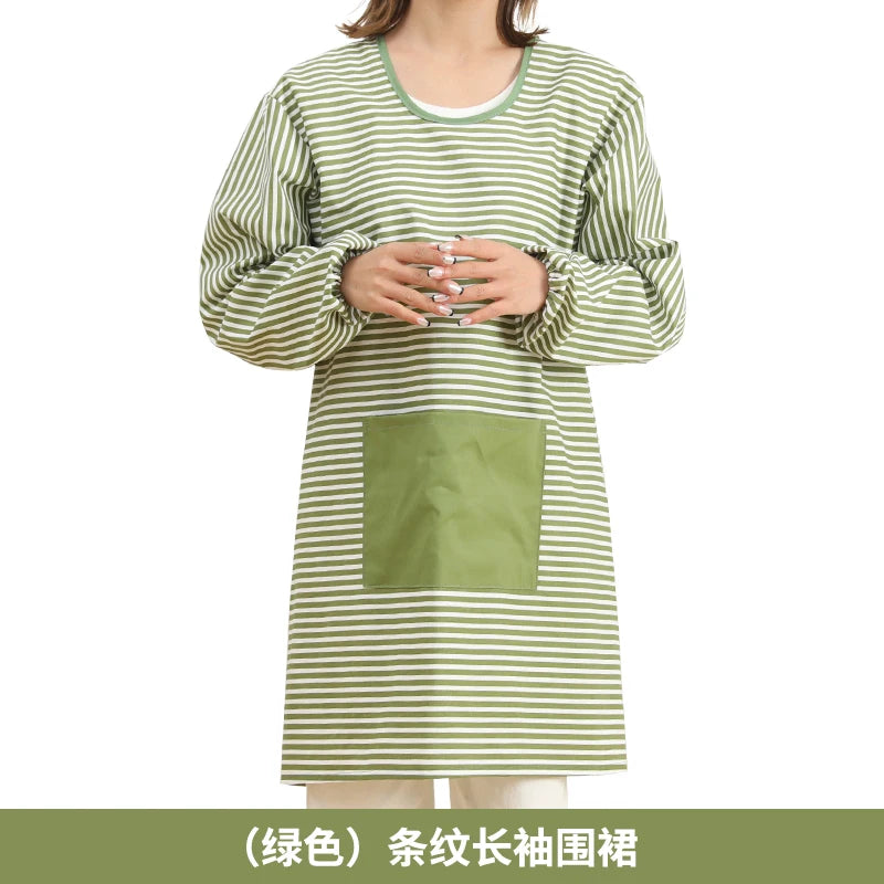 Fashionable Striped Apron For Home Kitchen Cooking Long Sleeved Women's Cute Anti Stain Work Dining Work Clothes Smock