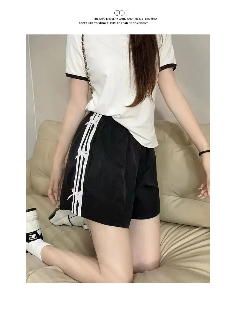Summer Oversized Shorts Women Striped Bow Fashionable Large Wide Leg Casual Shorts Thin Quick Drying High Waist Straight Shorts