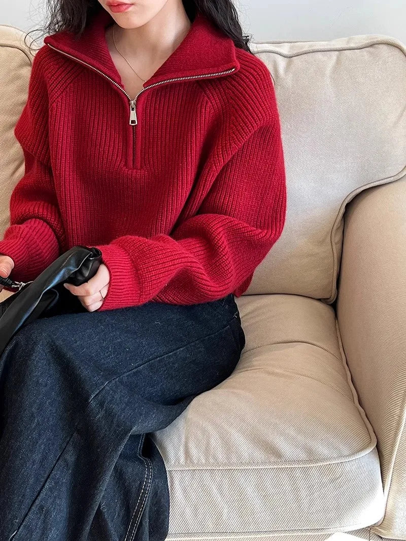 Sweater Pullover Women Autumn Winter 2025 New Zipper Underlay Loose Short Style Popular Premium Sweater Female Tops