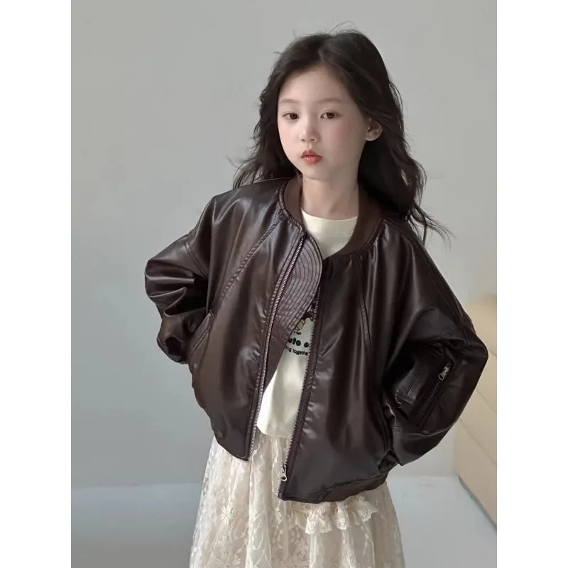Girls' outerwear Spring and Autumn 2025 New Fashionable Outerwear Short Leather Jacket Autumn Clothing for Children