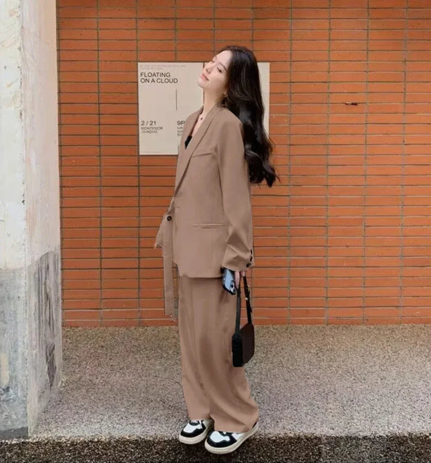 Women's Fashion Office Suit Set Casual Oversized Blazer And Wide Leg Pants Two-Piece Long Sleeve Top Bottoms Combo