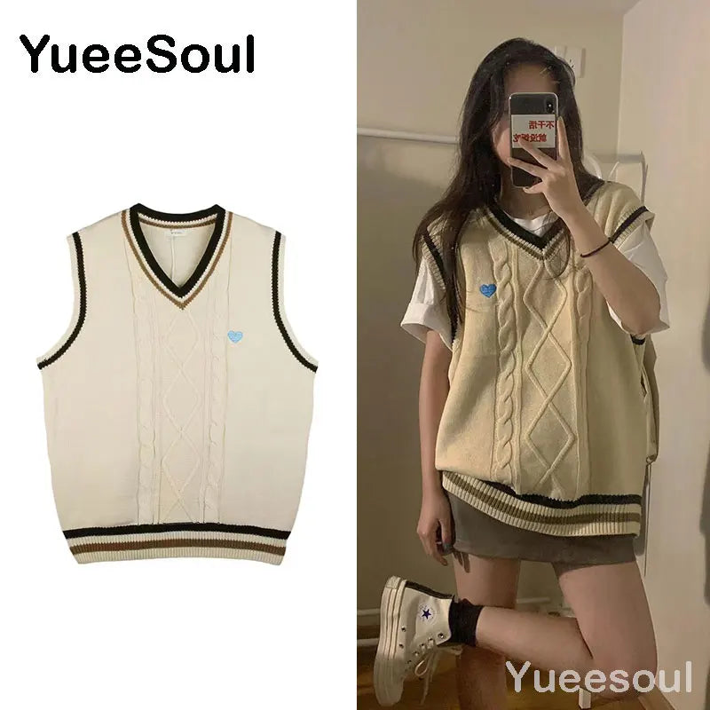 Sweet Kawaii Sweater Vest Printed Sleeveless Casual Outerwear Knitted Waistcoat 2023 Vintage Y2K Spring  E Girl Pullovers Tops