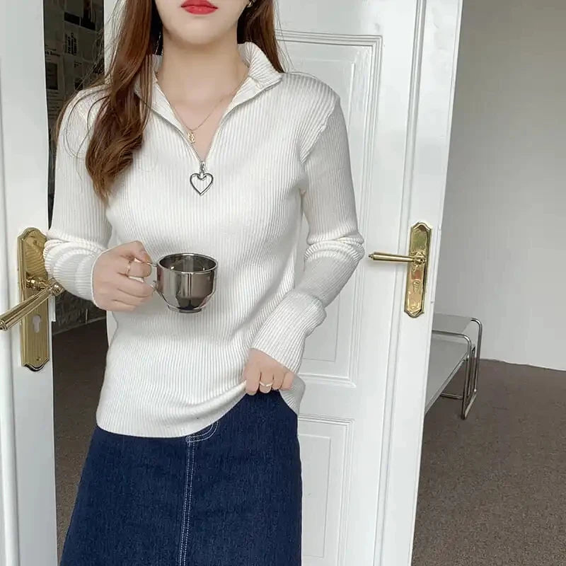 Sweater Women's Autumn and Winter New Semi-turtleneck Love Zipper Core-spun Yarn Bottomed Knitted Sweater Thermal Top