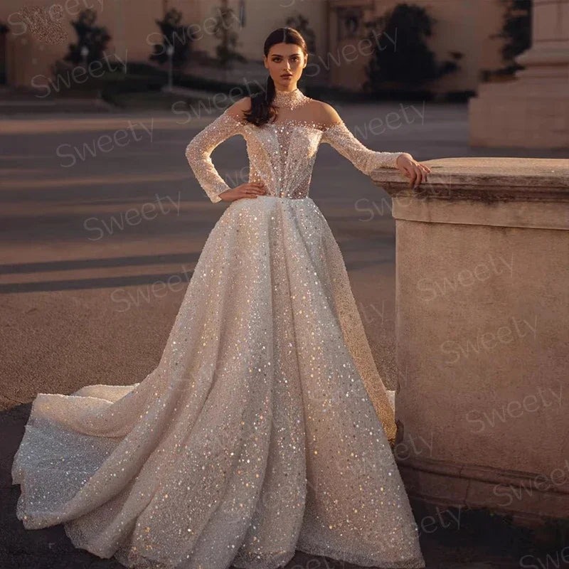 Fully Beaded Wedding Dress Lace With Embroidered A-Line Ball Gown High-Neck Full Sleeve Bridal Dress  Button Vestido De Novia