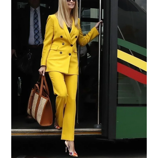 Solid Yellow Suit For Women Classic Design Double Breasted Shawl Lapel High Quality Smart Casual Female Outfit Customized