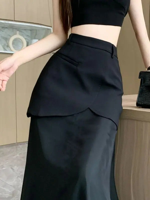 Fashion Skirts for Women All-match Black Cool Girls Summer High Waist Casual Ankle-length Loose A-line Patchwork New Fake 2 Pcs