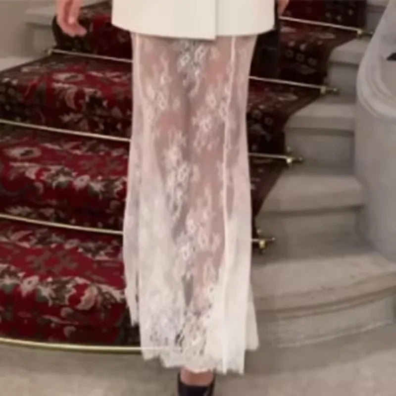 2025 Elegant Blazer Skirt Sets Women Two Piece Double Breasted Jacket Lace See Through Trousers Suits New Party Gown Set