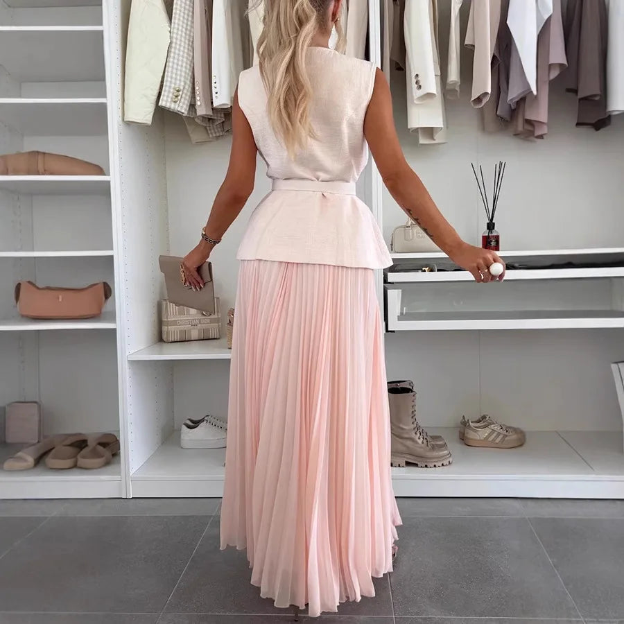 Elegant Long Dresses 2 Piece Set Women Summer Autumn Top Single Breasted Tweed Jacket A Line Chiffon Maxi Skirts Suits Outfits