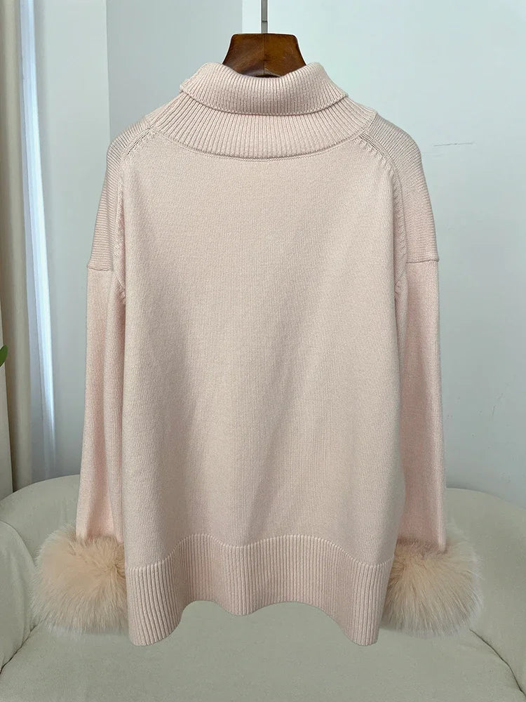 Sweater Women 2024 Autumn Winter Fashionable Sweaters with Real Fox Fur Sleeves Slim Fit Sweaters Fur Knitwear England Style