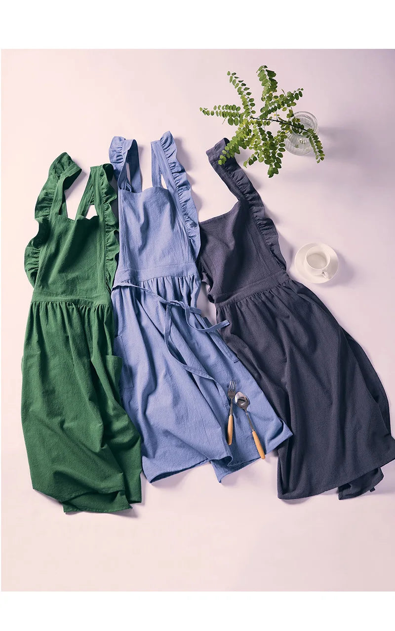 Kitchen Apron Ruffled with Pockets for Chef Gardening Cross Back Work Women with Big Pinafore Dress Baking Cooking BBQ & Grill
