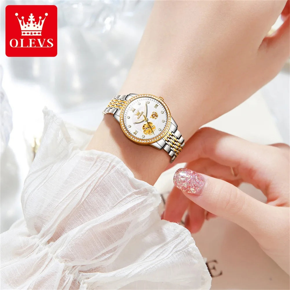 OLEVS 6706 Woman Watch Hollowed Flower Automatic Mechanical Wristwatch for Women Elegant Luxury Brand Ladies Waterproof Watches