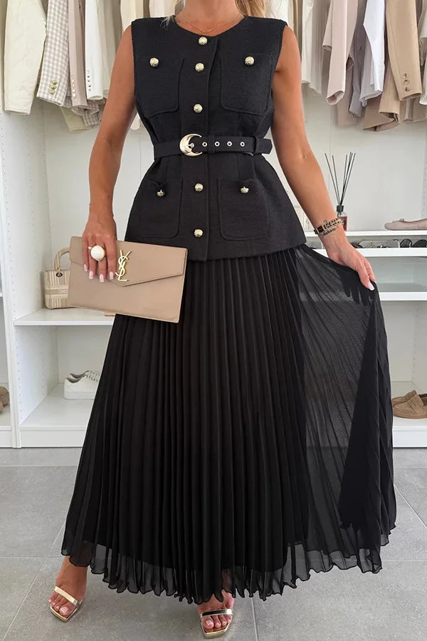 Elegant Long Dresses 2 Piece Set Women Summer Autumn Top Single Breasted Tweed Jacket A Line Chiffon Maxi Skirts Suits Outfits